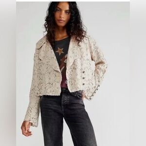 Free People Amelia Lace Cropped Bed Jacket Almond Milk Taupe Size S